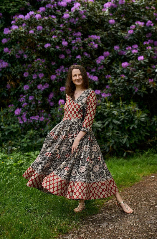 dress, cotton, hand printed, boho, black, red, wrap dress, casual, occasional, ethical fashion, handmade