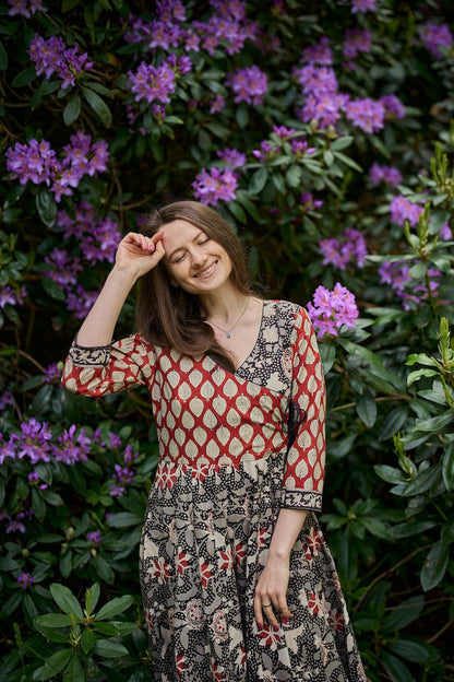 dress, cotton, hand printed, boho, black, red, wrap dress, casual, occasional, ethical fashion, handmade