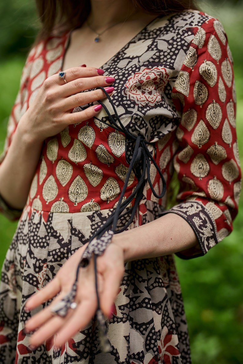 dress, cotton, hand printed, boho, black, red, wrap dress, casual, occasional, ethical fashion, handmade