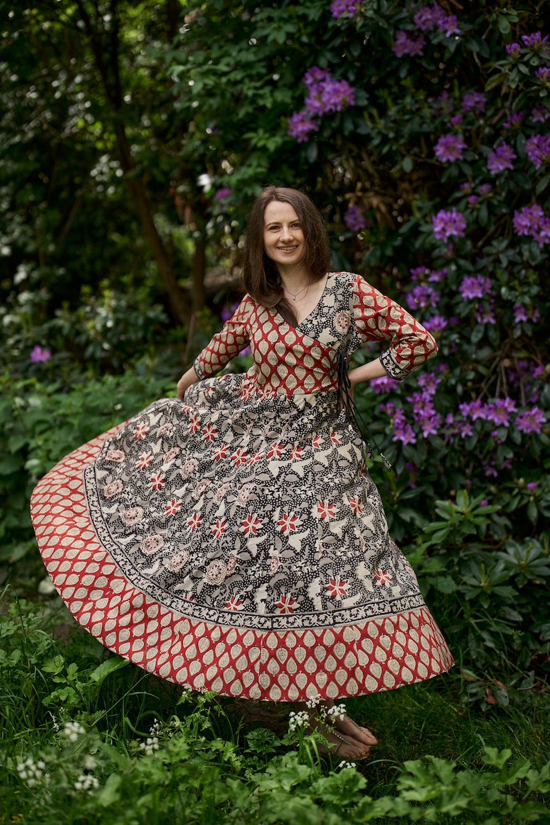 dress, cotton, hand printed, boho, black, red, wrap dress, casual, occasional, ethical fashion, handmade