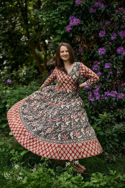 dress, cotton, hand printed, boho, black, red, wrap dress, casual, occasional, ethical fashion, handmade