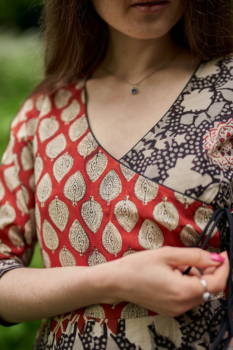 dress, cotton, hand printed, boho, black, red, wrap dress, casual, occasional, ethical fashion, handmade