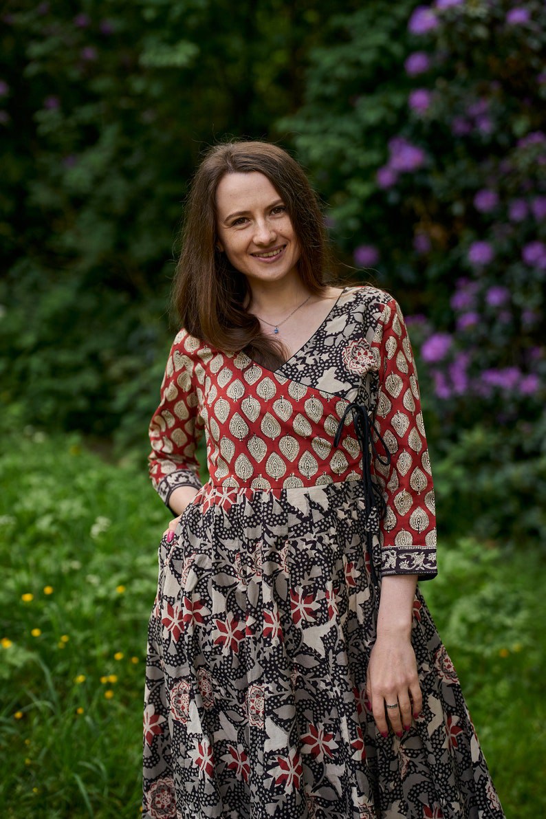 dress, cotton, hand printed, boho, black, red, wrap dress, casual, occasional, ethical fashion, handmade