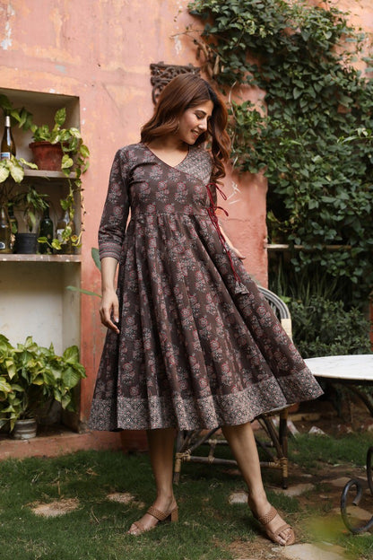 dress, cotton, hand printed, boho, brown, maroon, wrap dress, casual, occasional, ethical fashion, handmade