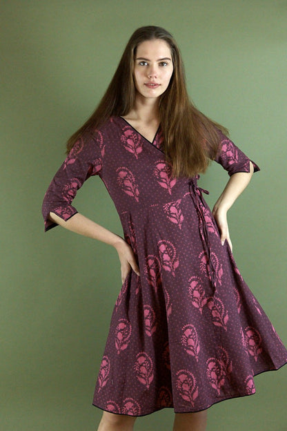 dress, cotton, boho, floral, wrap dress, casual, occasional, purple, pink, handmade, ethical fashion, paneling