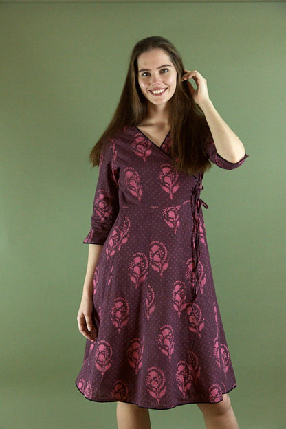 dress, cotton, boho, floral, wrap dress, casual, occasional, purple, pink, handmade, ethical fashion, paneling