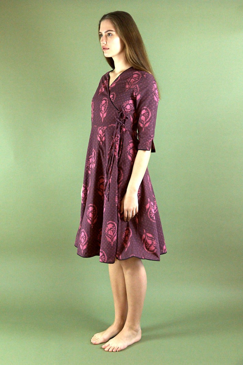 dress, cotton, boho, floral, wrap dress, casual, occasional, purple, pink, handmade, ethical fashion, paneling