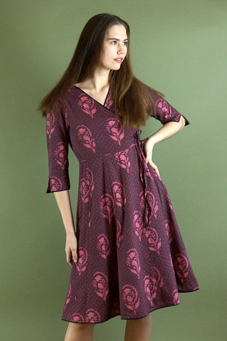 dress, cotton, boho, floral, wrap dress, casual, occasional, purple, pink, handmade, ethical fashion, paneling