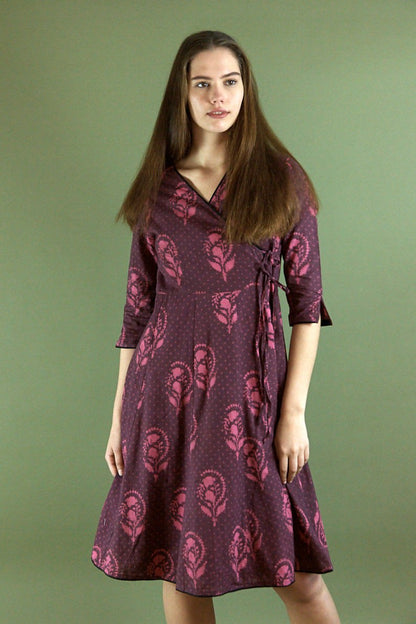 dress, cotton, boho, floral, wrap dress, casual, occasional, purple, pink, handmade, ethical fashion, paneling