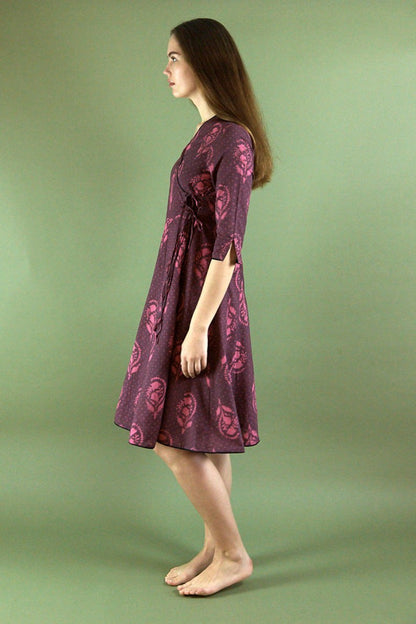 dress, cotton, boho, floral, wrap dress, casual, occasional, purple, pink, handmade, ethical fashion, paneling