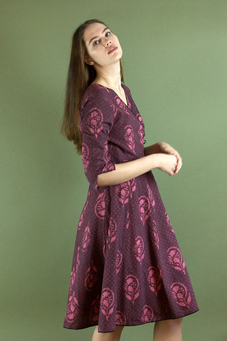 dress, cotton, boho, floral, wrap dress, casual, occasional, purple, pink, handmade, ethical fashion, paneling