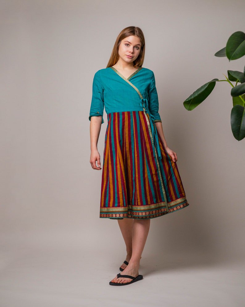 new turquoise dress, boho, stripes, wrap dress, casual, relaxed, cotton, handloom cotton, ethical fashion