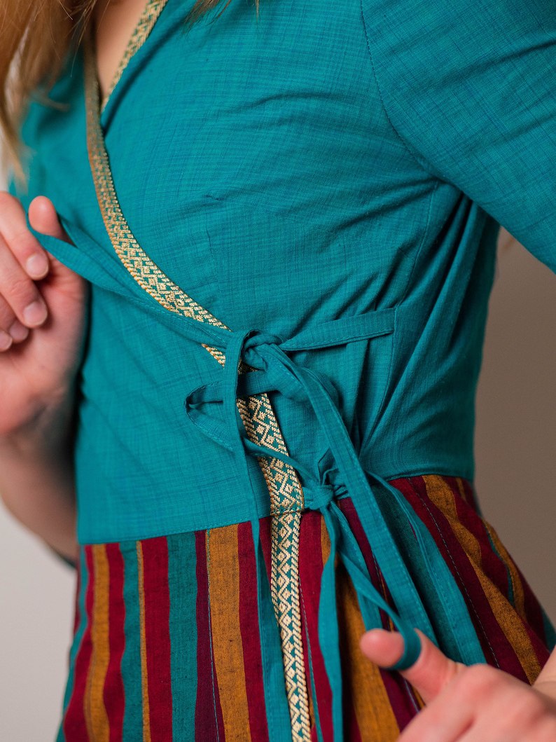 new turquoise dress, boho, stripes, wrap dress, casual, relaxed, cotton, handloom cotton, ethical fashion