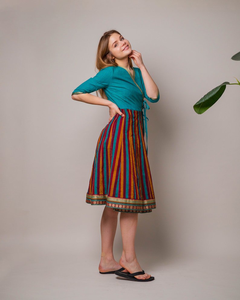 new turquoise dress, boho, stripes, wrap dress, casual, relaxed, cotton, handloom cotton, ethical fashion