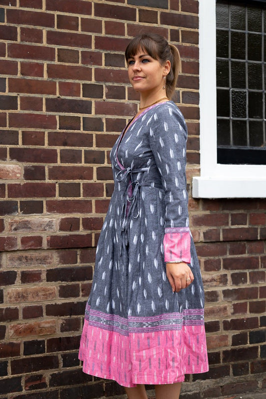 dress, boho, grey, pink, white, wrap dress, casual, relaxed, cotton, ikat, ethical fashion, handmade, handwoven