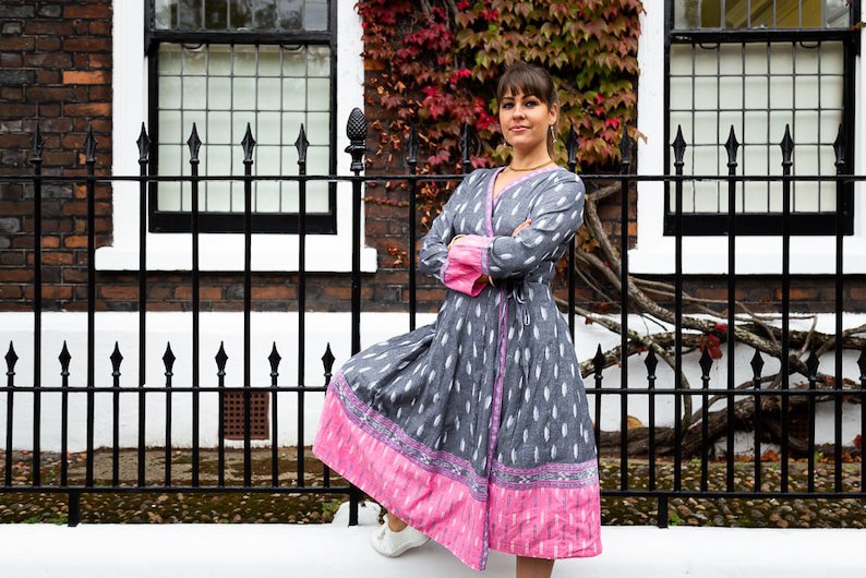 dress, boho, grey, pink, white, wrap dress, casual, relaxed, cotton, ikat, ethical fashion, handmade, handwoven