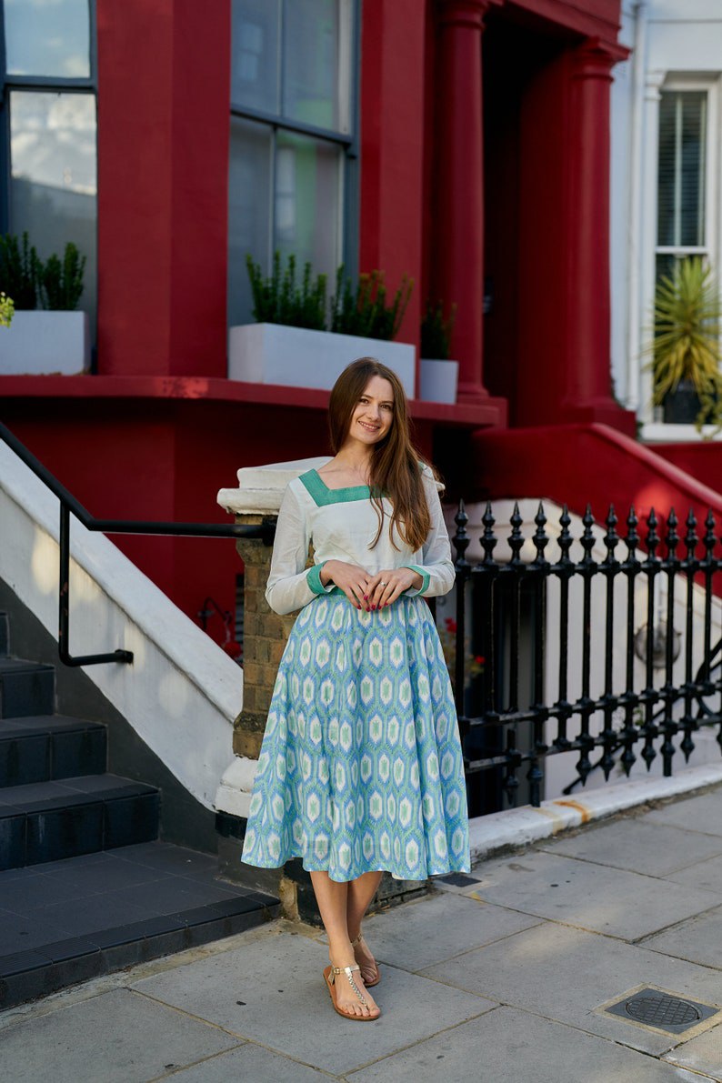 Dress, Cotton, Ikat Print, Boho, White, Blue, Green, Casual - Casual, Border Design, Ethical Fashion, Block Print