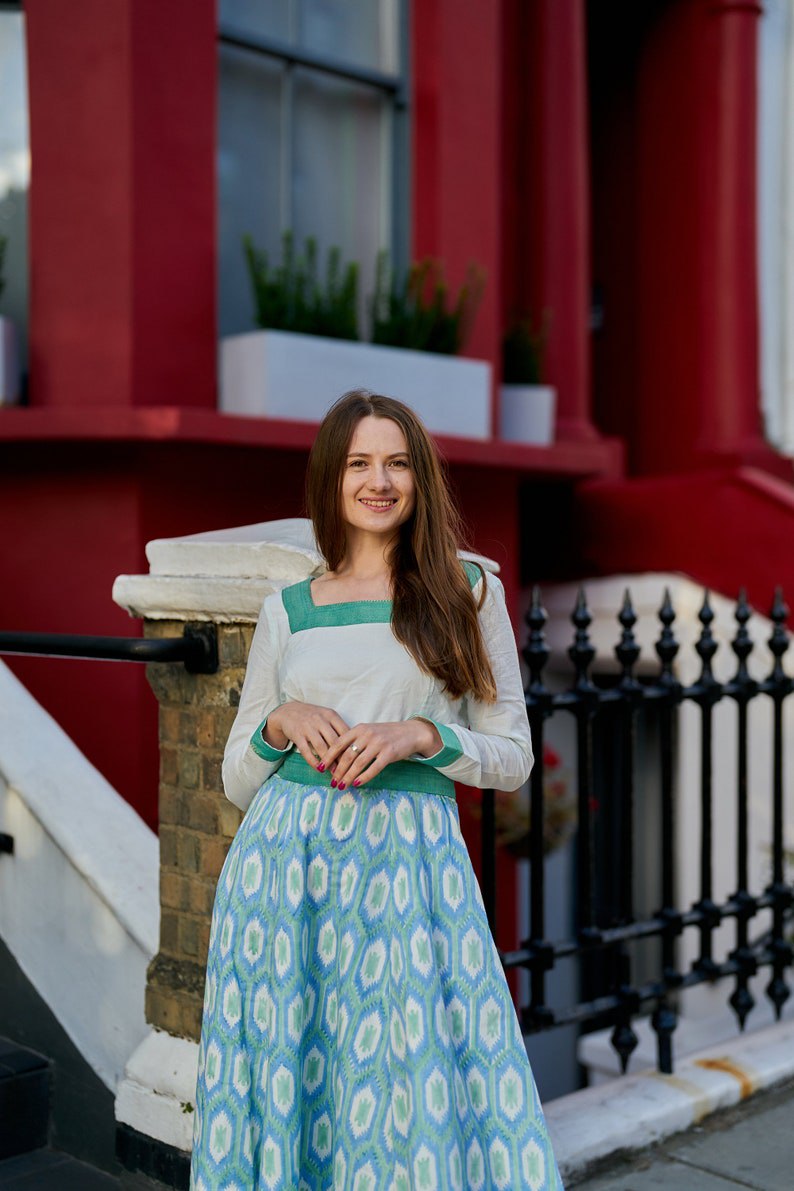 Dress, Cotton, Ikat Print, Boho, White, Blue, Green, Casual - Casual, Border Design, Ethical Fashion, Block Print