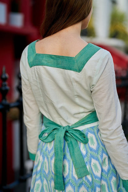 Dress, Cotton, Ikat Print, Boho, White, Blue, Green, Casual - Casual, Border Design, Ethical Fashion, Block Print