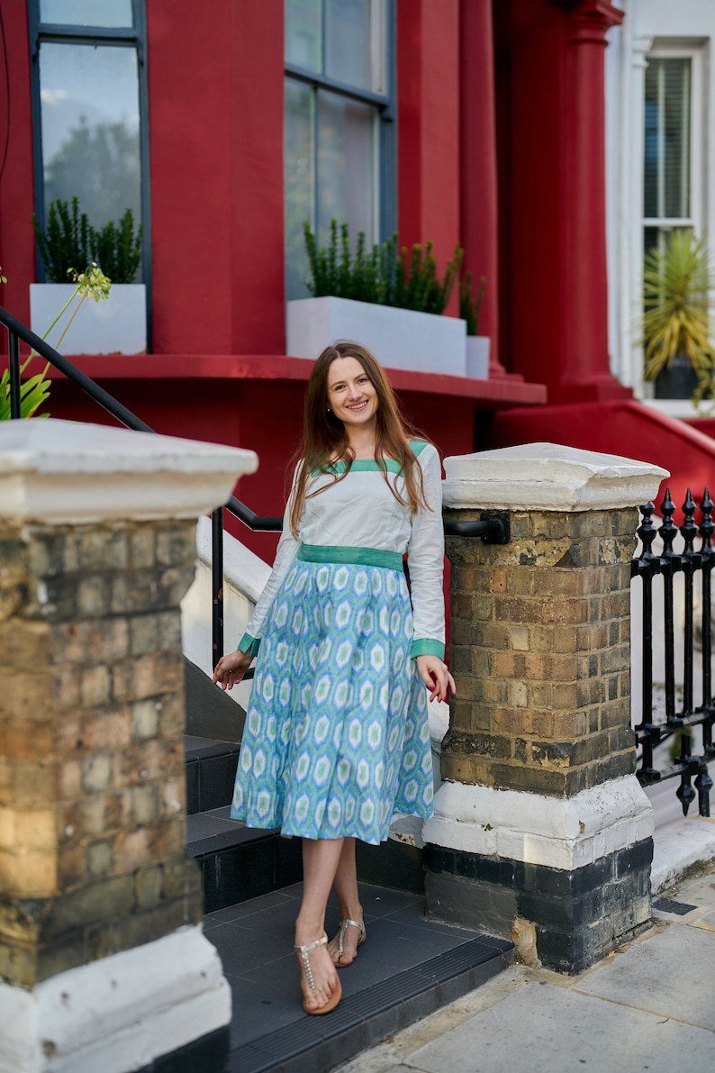 Dress, Cotton, Ikat Print, Boho, White, Blue, Green, Casual - Casual, Border Design, Ethical Fashion, Block Print