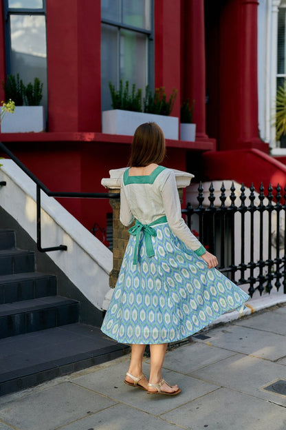 Dress, Cotton, Ikat Print, Boho, White, Blue, Green, Casual - Casual, Border Design, Ethical Fashion, Block Print