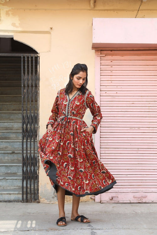 bohemian midi dress, hand printed cotton, casual, relaxed, cotton, handmade, ethical fashion, floral, maroon, brown, grey