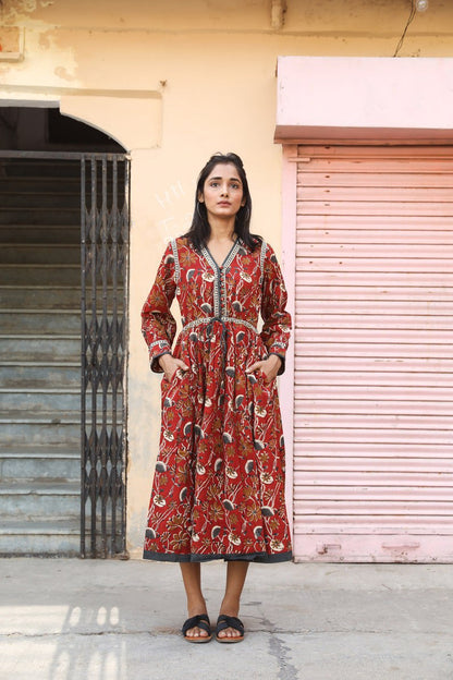 bohemian midi dress, hand printed cotton, casual, relaxed, cotton, handmade, ethical fashion, floral, maroon, brown, grey