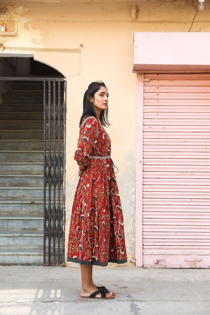 bohemian midi dress, hand printed cotton, casual, relaxed, cotton, handmade, ethical fashion, floral, maroon, brown, grey