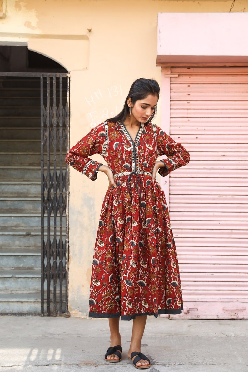 bohemian midi dress, hand printed cotton, casual, relaxed, cotton, handmade, ethical fashion, floral, maroon, brown, grey