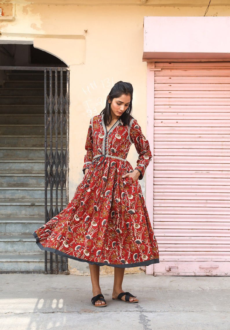 bohemian midi dress, hand printed cotton, casual, relaxed, cotton, handmade, ethical fashion, floral, maroon, brown, grey