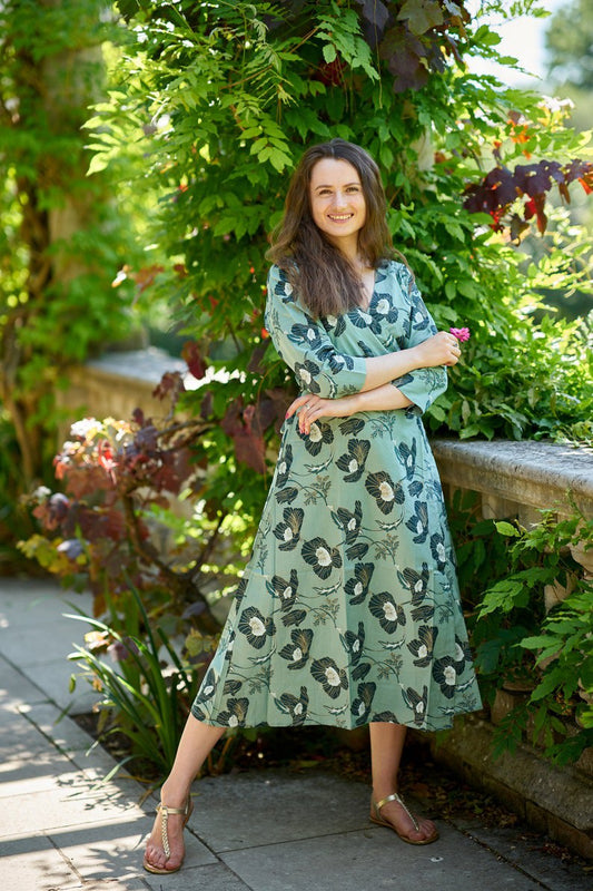 Wrap dress, hand printed, boho, grey, blue, casual, relaxed, floral, cotton, ethical fashion, adjustable waist