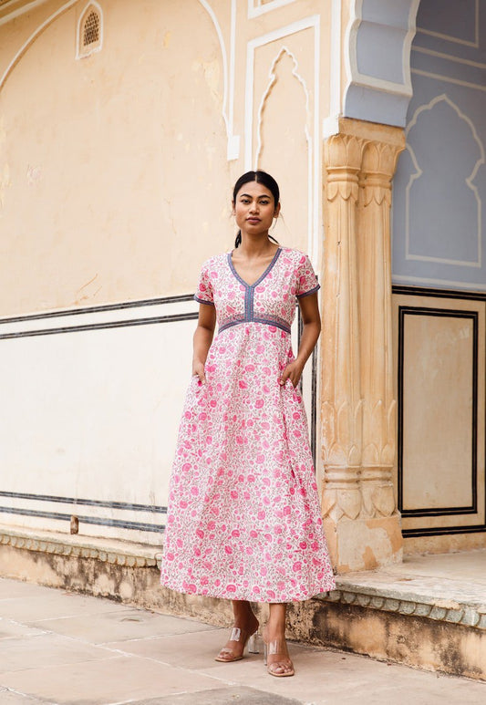 bohemian dress, hand printed cotton, casual, relaxed, cotton, handmade, ethical fashion, floral, white, pink, summer