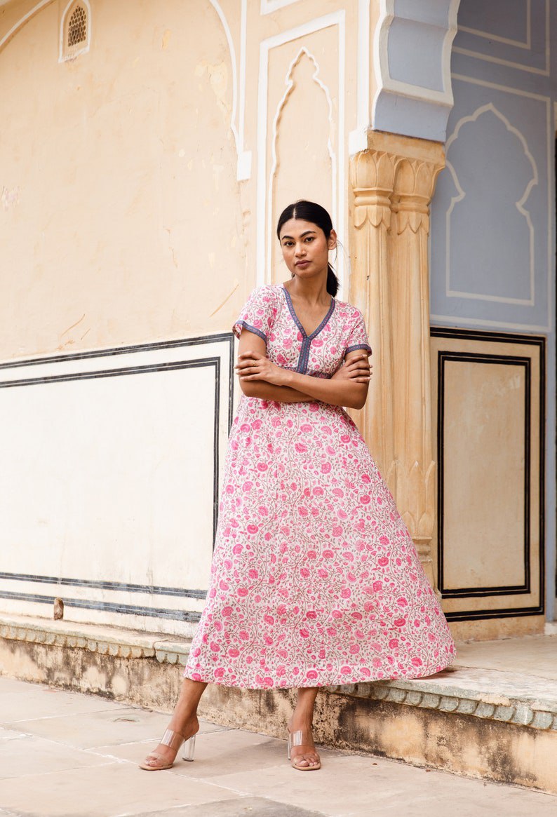 bohemian dress, hand printed cotton, casual, relaxed, cotton, handmade, ethical fashion, floral, white, pink, summer