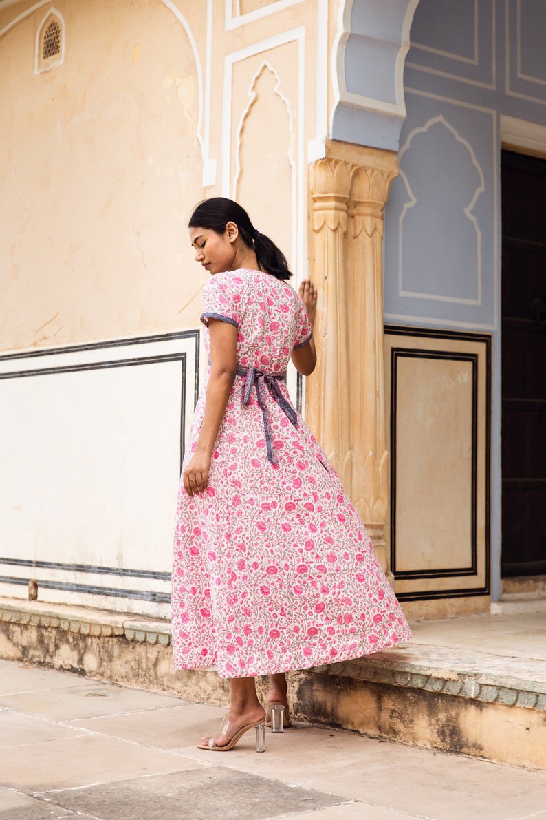 bohemian dress, hand printed cotton, casual, relaxed, cotton, handmade, ethical fashion, floral, white, pink, summer