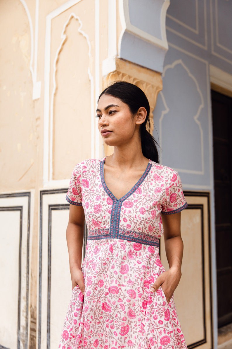 bohemian dress, hand printed cotton, casual, relaxed, cotton, handmade, ethical fashion, floral, white, pink, summer