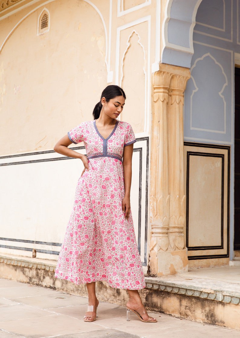 bohemian dress, hand printed cotton, casual, relaxed, cotton, handmade, ethical fashion, floral, white, pink, summer