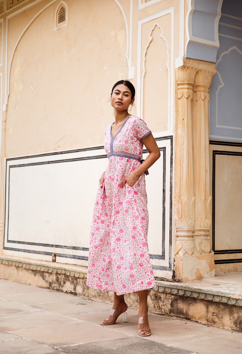 bohemian dress, hand printed cotton, casual, relaxed, cotton, handmade, ethical fashion, floral, white, pink, summer