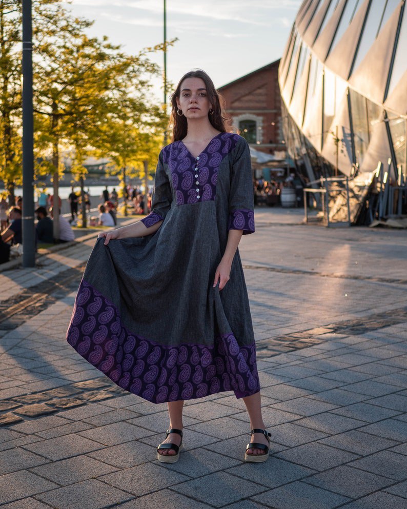 dress, calf length, handloom cotton, hand printed, boho, grey, purple, casual, occasional, cotton, handmade, ethical fashion