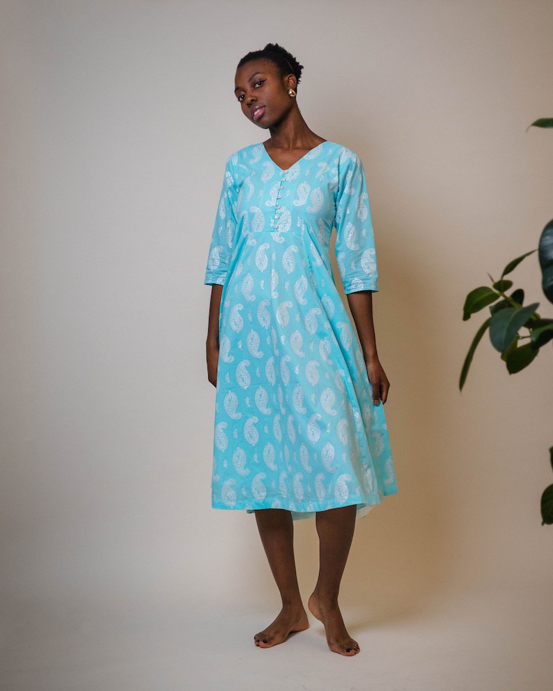 Silver Moon Dress Calf Length Hand Printed Boho Floral Blue Silv LONDON LUXE BY IVANA LTD