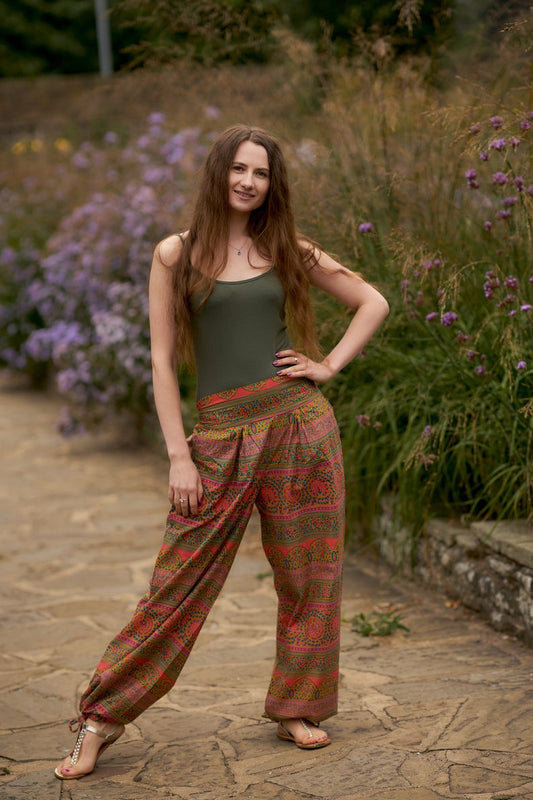 Trousers/Pants, Side Pockets, Straight Leg, Meditation, Casual Wear, Loose Fit, Cotton, Yellow, Green, Ethical Fashion, Boho, Floral